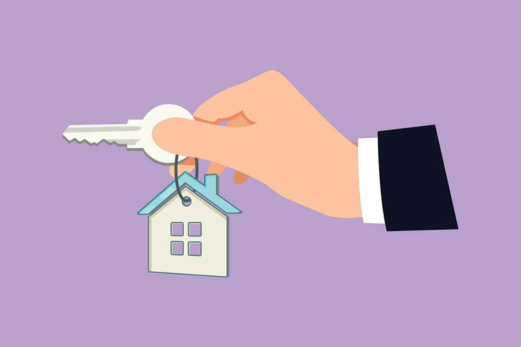 Graphic Flat Design Drawing Hand Holding House Key With Clipping Path Real Estate Female Hand Holding Key From House Isolated On Blue Background Buying The House Cartoon Style Illustration Vector